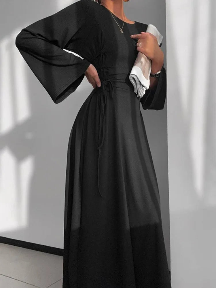 Ribbed Bandage Sexy Maxi Dress For Women Solid Lace-up O Neck Long Sleeve High Waist Elegant Long Dress Fashion