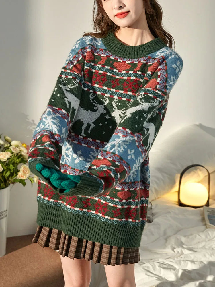 New Year's Clothes Women Christmas Deer Sweater Warm Thick Casual Oversized Jumper O Neck Knitwear Xmas Look C-196