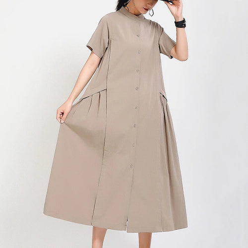 Load image into Gallery viewer, Women Army Green Pleated Elegant Long Shirt Dress New Stand Collar Short Sleeve Fashion Tide Spring Summer 2025 1DE8985
