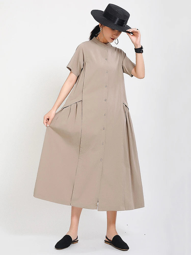 Women Army Green Pleated Elegant Long Shirt Dress New Stand Collar Short Sleeve Fashion Tide Spring Summer 2025 1DE8985