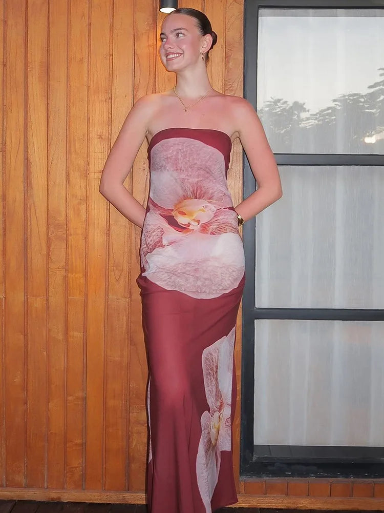 Floral Print Strapless Sexy Maxi Dress For Women Gown Patchwork Off-shoulder Backless Sleeveless Print Long Dress