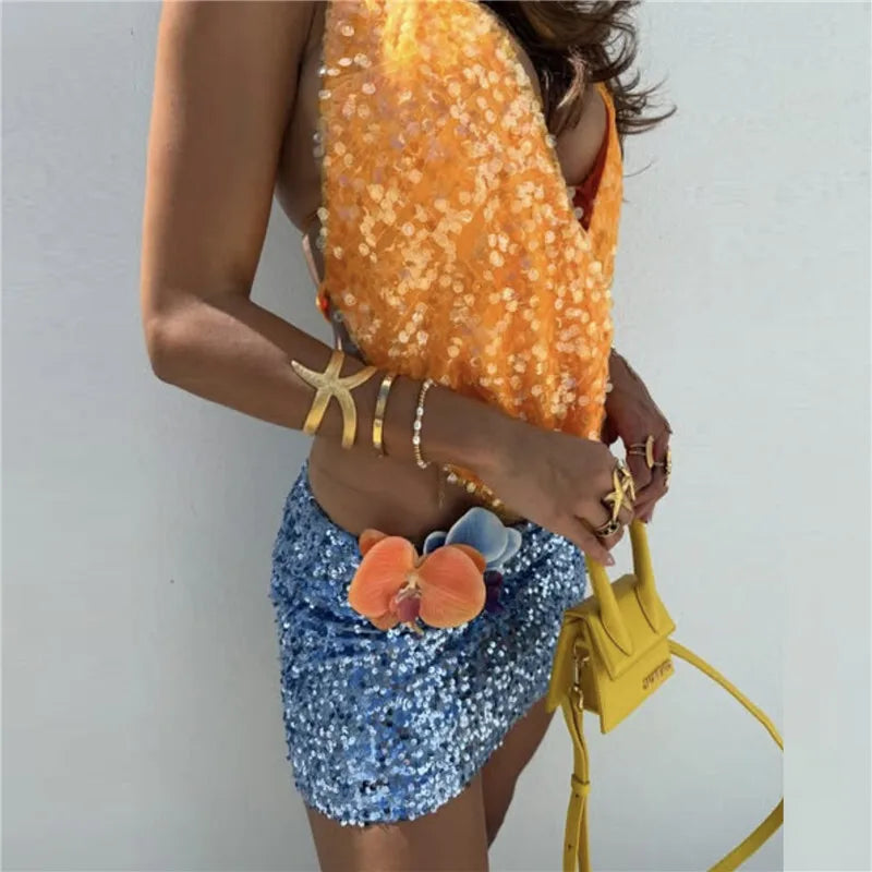 Halter Deep V Neck Sexy Crop Tops Women Sequins Beach Club Tank Tops Female Summer New Holiday Party Cropped Tops