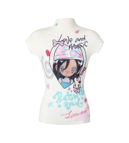 White T Shirts for Women Half High Collar Short Sleeve Tees Anine Print Tunic Crop Tops Chic Folds Camisetas Summer Y2k Tshirt