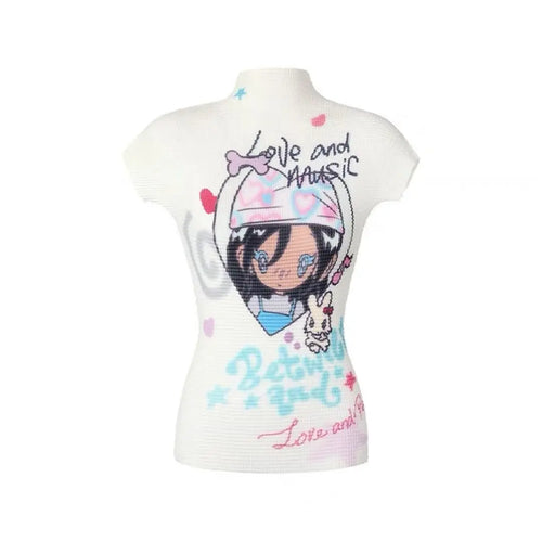 Load image into Gallery viewer, White T Shirts for Women Half High Collar Short Sleeve Tees Anine Print Tunic Crop Tops Chic Folds Camisetas Summer Y2k Tshirt
