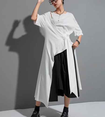 Women White Irregular Hem Big Size Long T-shirt New Round Neck Short Sleeve Fashion Tide Spring Summer 2025 1DF8717