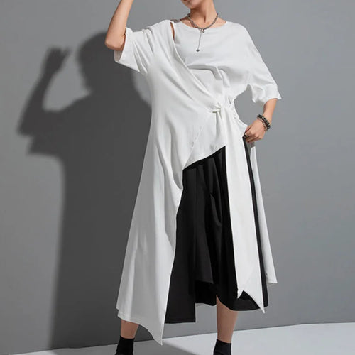 Load image into Gallery viewer, Women White Irregular Hem Big Size Long T-shirt New Round Neck Short Sleeve Fashion Tide Spring Summer 2025 1DF8717
