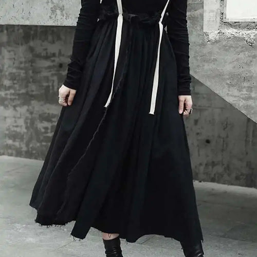 Load image into Gallery viewer, High Elastic Waist Black Linen Color-block A-line Strap Half-body Skirt Women Fashion Tide New Spring Autumn 2025 LA923
