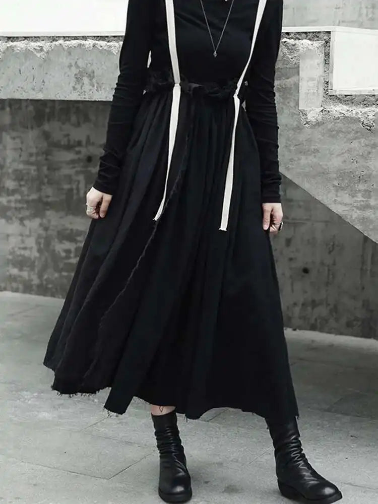 High Elastic Waist Black Linen Color-block A-line Strap Half-body Skirt Women Fashion Tide New Spring Autumn 2025 LA923
