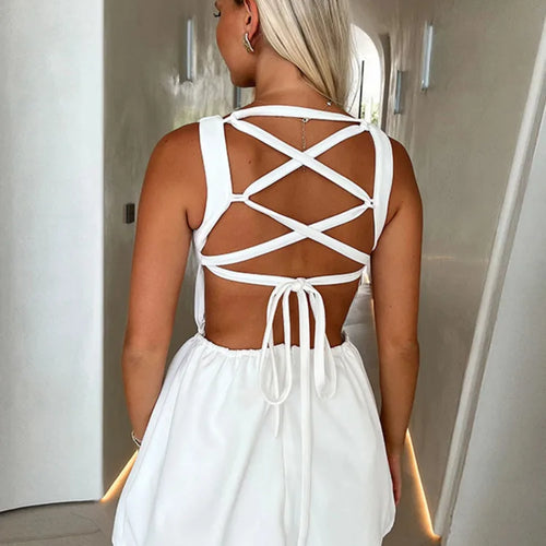 Load image into Gallery viewer, Backless Lace-up Sexy Mini Dress Women Robe Fashion O Neck Sleeveless High Waist A-line Club Party Dress Elegant
