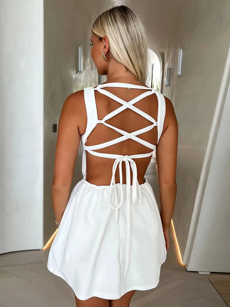 Backless Lace-up Sexy Mini Dress Women Robe Fashion O Neck Sleeveless High Waist A-line Club Party Dress Elegant