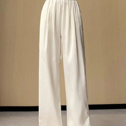 Load image into Gallery viewer, Women Black Diamond Wide Leg Long Pants 2024 Spring Summer White Straight Elastic Drawstring High Waist Lace-up Trousers Casual
