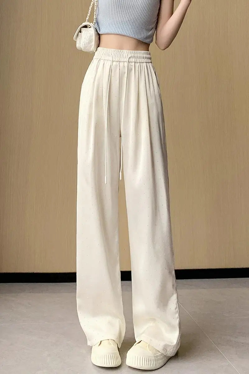 Women Black Diamond Wide Leg Long Pants 2024 Spring Summer White Straight Elastic Drawstring High Waist Lace-up Trousers Casual