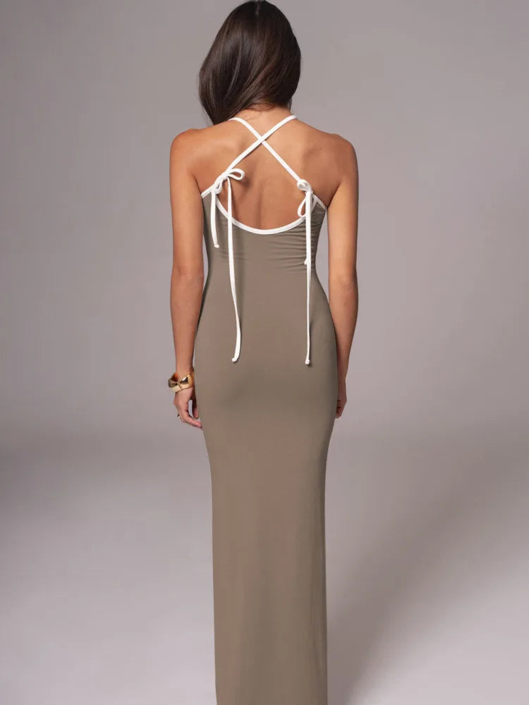 Elegant Spaghetti Strap High Elastic Tight Long Dress Women Sexy V-neck Backless Bodycon Autumn 2024 Party Evening Dress
