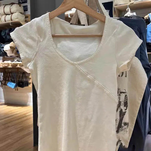 Load image into Gallery viewer, Vintage Slim T-Shirt Summer V Neck Streetwear Cotton Top 2024 Femme Sweet Cute Y2k Simple Tee Tops Woman Clothes
