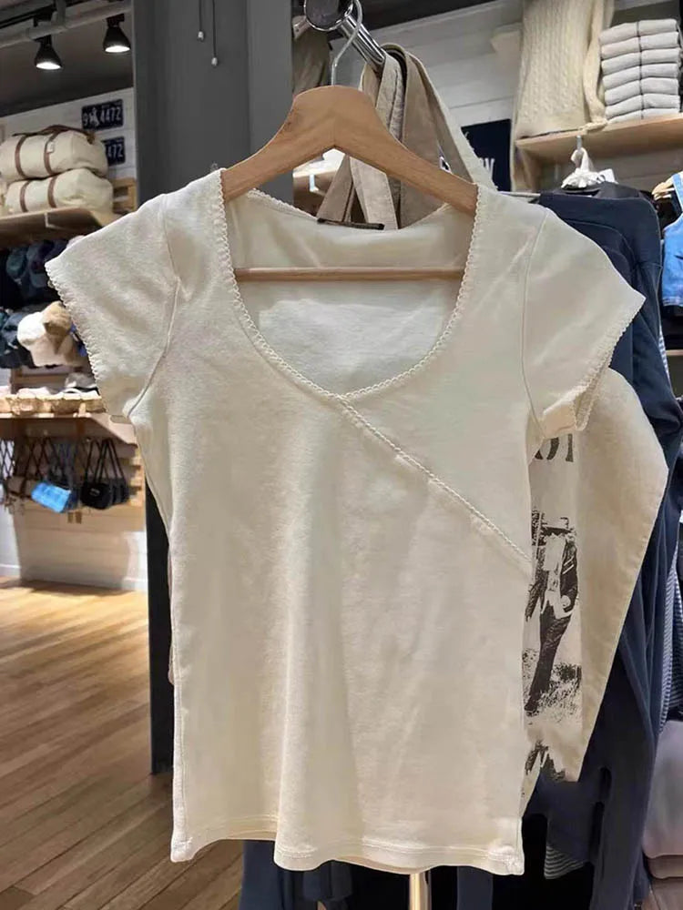 Vintage Slim T-Shirt Summer V Neck Streetwear Cotton Top 2024 Femme Sweet Cute Y2k Simple Tee Tops Woman Clothes