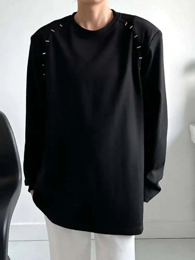 Women White Shouder Padded Big Size T-shirt New Round Neck Long Sleeve  Loose Fit Tees Fashion Spring Autumn 2025 1DH2633