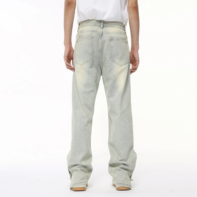 High Street Male Jeans Loose Split Zipper Worn-out Men's Denim Pants Straight Wide Leg Menwear New Trend Summer 9C6401