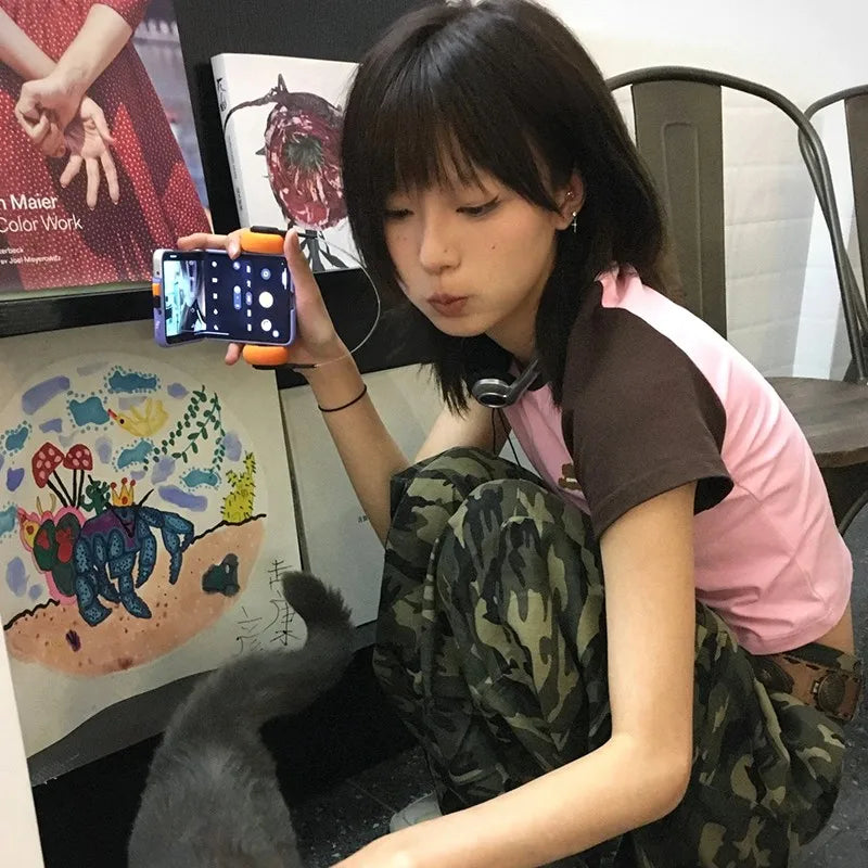 Japanese Y2k Patchwork T-shirt Vintage 2000s Style Crop Top Harajuku Aesthetics Short Sleeve Tee Shirt American Retro