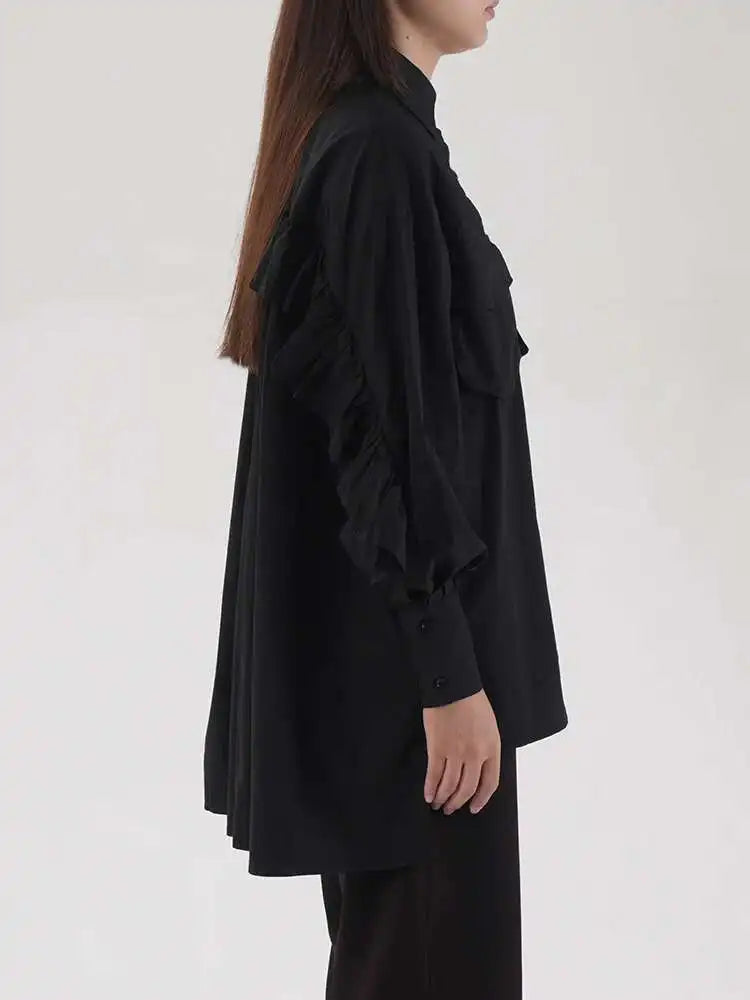 omen Khaki Ruffles Irregular Big Size Long Blouse New Lapel Long Sleeve Shirt Fashion Tide Spring Autumn 2025 2AA4728