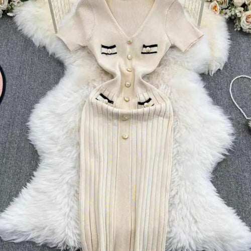 Load image into Gallery viewer, French Fashion Women's Solid V Neck Elegant Slim Short Sleeved Dress Summer Single Breasted Office Lady Knitted Dress Simplicity
