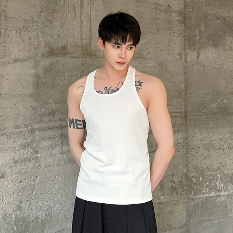 Summer New Men's Sleeveless Vest Round Neck Slim Fit Tank Top Trendy Bottom Top Solid Color Personality Male 9C5480