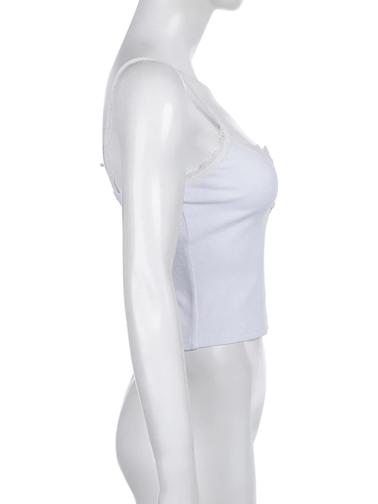 Casual Basic White Lace Trim Tanks Camis Korean Fashion Y2K Knitted Mini Tee Slim Ribbed Summer Crop Tops Women Cute