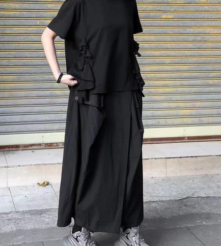 Women Black Ruffles Irregular Big Size Casual T-shirt New Round Neck Short Sleeve Fashion Tide Spring Summer 2025 1DJ0484