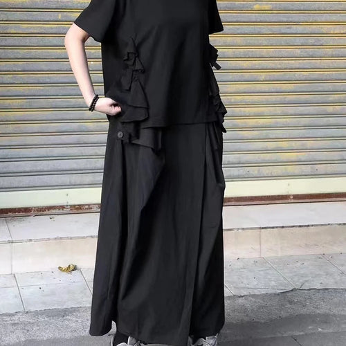 Load image into Gallery viewer, Women Black Ruffles Irregular Big Size Casual T-shirt New Round Neck Short Sleeve Fashion Tide Spring Summer 2025 1DJ0484
