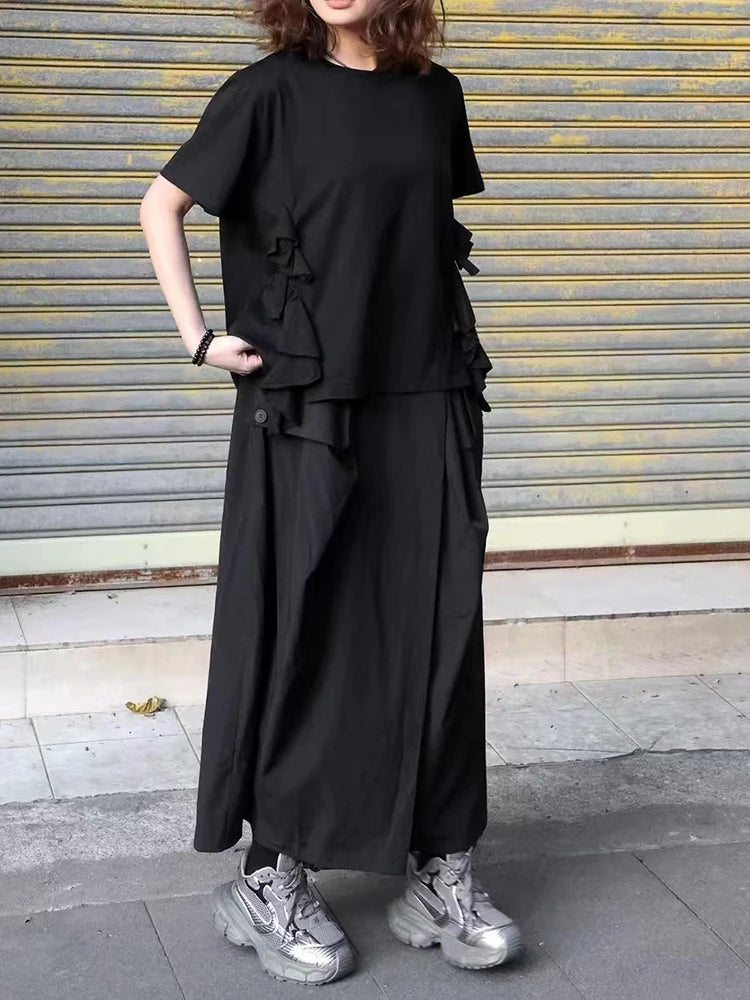 Women Black Ruffles Irregular Big Size Casual T-shirt New Round Neck Short Sleeve Fashion Tide Spring Summer 2025 1DJ0484