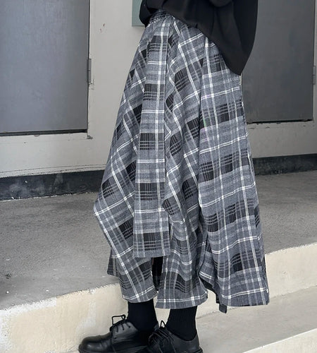 High Elastic Waist Black Plaid Irregular Design A-line Half-body Skirt Women Fashion Tide New Spring Autumn 2025 1DH9207