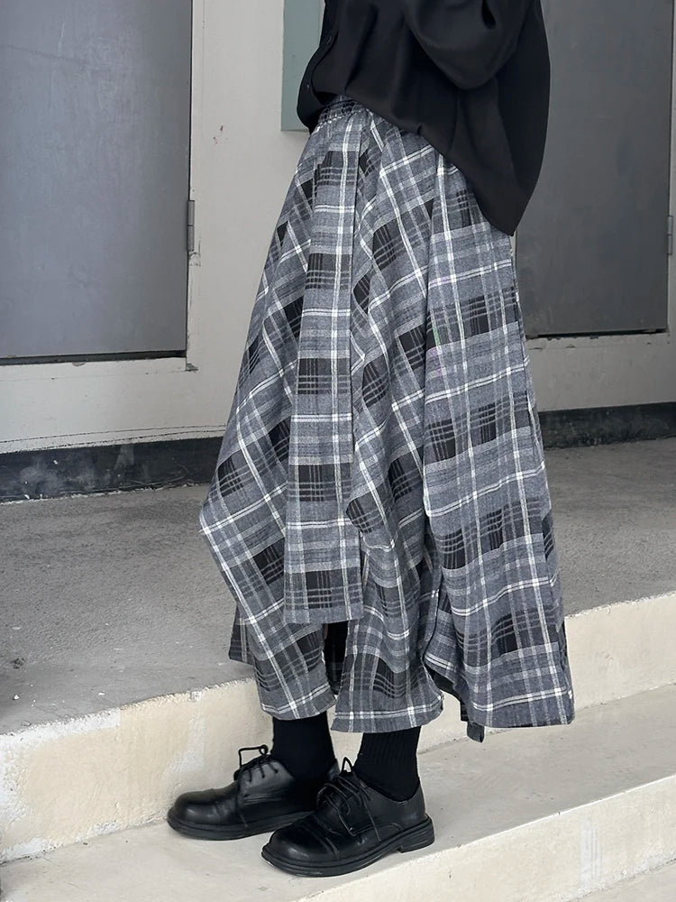 High Elastic Waist Black Plaid Irregular Design A-line Half-body Skirt Women Fashion Tide New Spring Autumn 2025 1DH9207