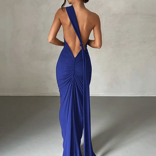 Load image into Gallery viewer, One Shoulder Backless Adjustable Scarf Loop Ruched Sexy Maxi Dress 2025 Women Elegant Y2K Streetwear Festival Outfit
