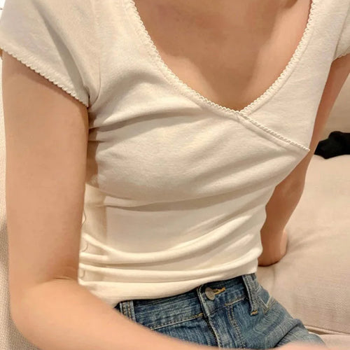 Load image into Gallery viewer, Vintage Slim T-Shirt Summer V Neck Streetwear Cotton Top 2024 Femme Sweet Cute Y2k Simple Tee Tops Woman Clothes
