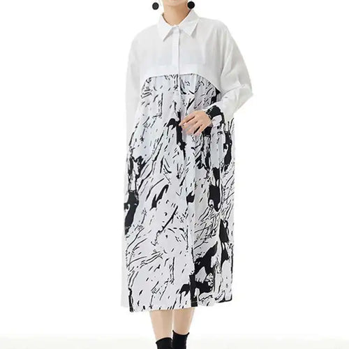 Load image into Gallery viewer, Women White Pattern Printed Big Size Casual Shirt Dress New Lapel Long Sleeve Fashion Tide Spring Autumn 2025 1DH4823
