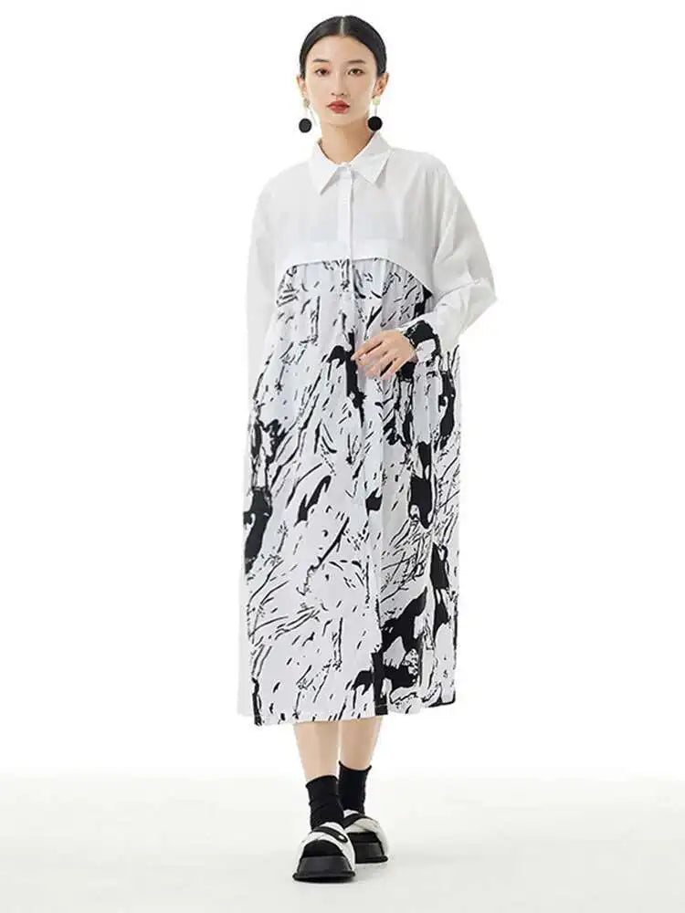 Women White Pattern Printed Big Size Casual Shirt Dress New Lapel Long Sleeve Fashion Tide Spring Autumn 2025 1DH4823