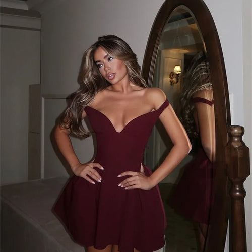 Load image into Gallery viewer, Off-shoulder Backless Sexy Mini Dress For Women Wine Red Sleeveless Strapless High Waist A-line Club Party Sexy Dress
