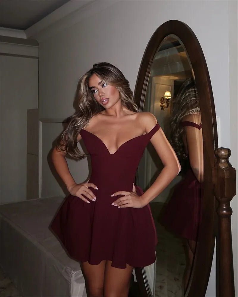 Off-shoulder Backless Sexy Mini Dress For Women Wine Red Sleeveless Strapless High Waist A-line Club Party Sexy Dress