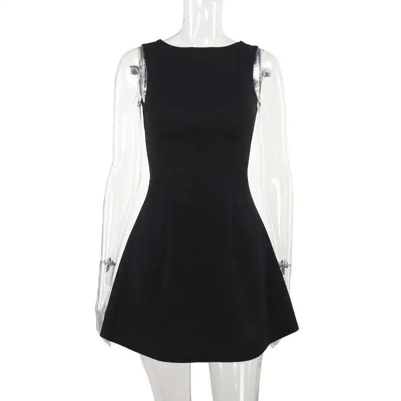 Elegant Backless Mini Tank Dress For Women Fashion Black O Neck Sleeveless Club Party A-line Basics Sexy Dress New