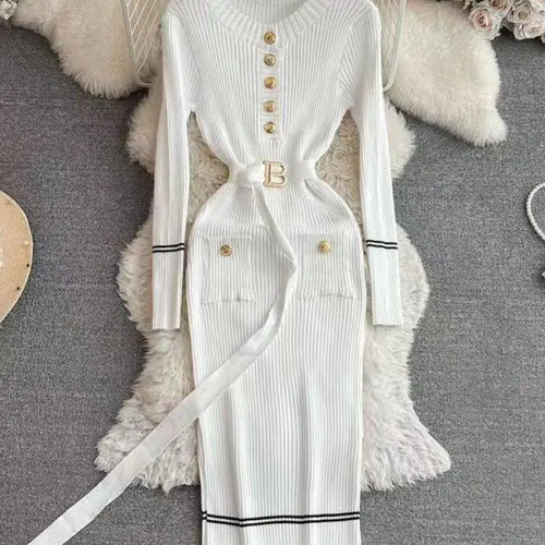 Load image into Gallery viewer, Korean Fashion Women's Stripe V Neck Elegant Slim Long Sleeved Dress Spring Vacation Single Breasted Office Knitted Dress Casual
