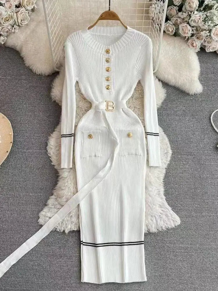 Korean Fashion Women's Stripe V Neck Elegant Slim Long Sleeved Dress Spring Vacation Single Breasted Office Knitted Dress Casual