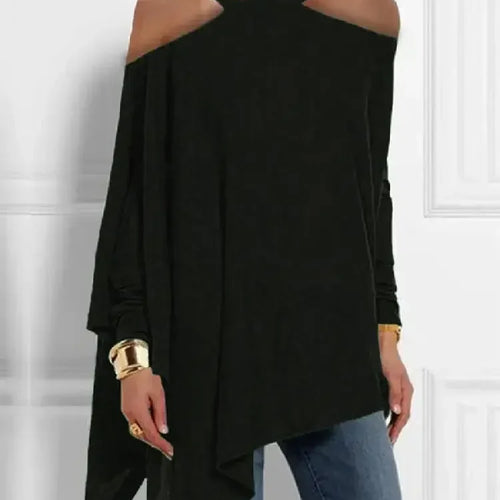 Load image into Gallery viewer, Women&#39;s Minimalist Daily Tops Hollowed Cold Shoulder Halter Long Sleeve Loose Pleated Shirt Elegant Asymmetric Blouse
