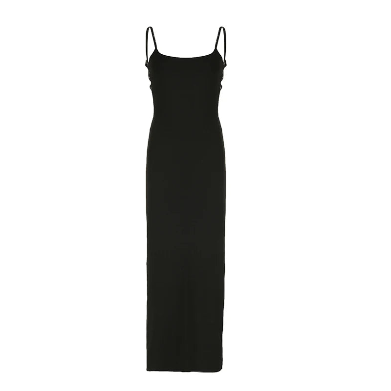 Fashion Elegant Sexy Black Evening Dress Ladies Backless Spaghetti Strap Side Split Party Long Dresses Slim Sundress