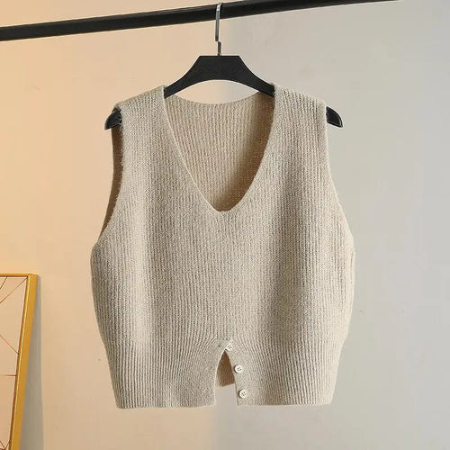 Load image into Gallery viewer, Women Solid V Neck New Holiday Loose Sleeveless Short Sweater Vest Autumn Winter Casual Versatile Split Knit Tank Tops Fashion

