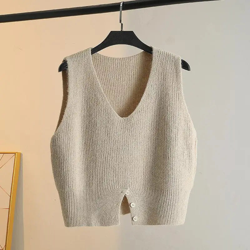 Women Solid V Neck New Holiday Loose Sleeveless Short Sweater Vest Autumn Winter Casual Versatile Split Knit Tank Tops Fashion
