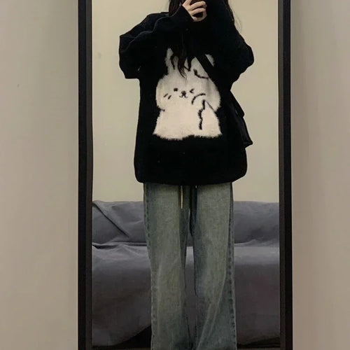 Load image into Gallery viewer, Japanese Cute Rabbit Jacquard Sweater Women Black Pullover Sueter Mujer Y2k Top Jumper Harajuku Knit   Tops
