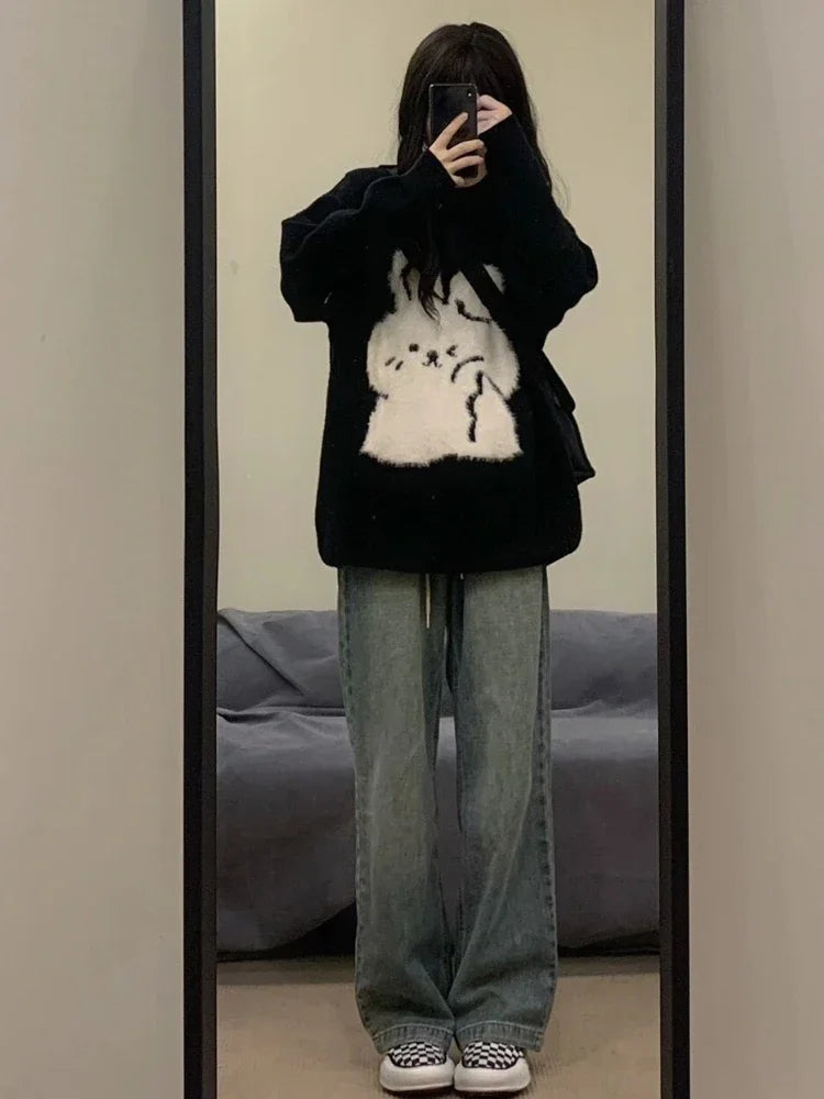 Japanese Cute Rabbit Jacquard Sweater Women Black Pullover Sueter Mujer Y2k Top Jumper Harajuku Knit   Tops