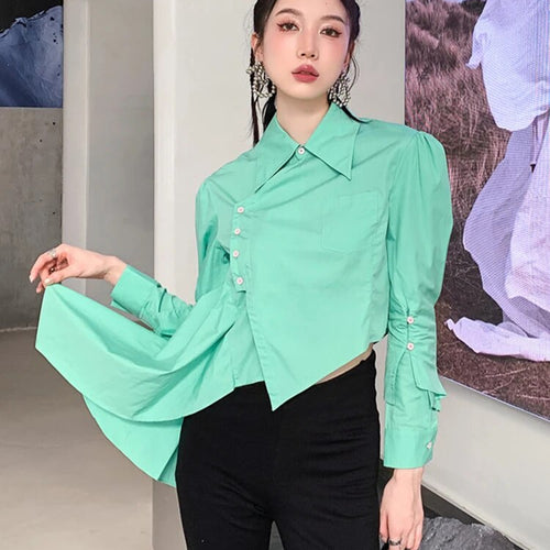 Load image into Gallery viewer, Minimalist Shirts For Women Lapel Long Sleeve Patchwork Button Casual Loose Irregular Summer Blouse Female Fashion
