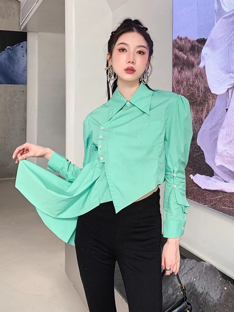 Minimalist Shirts For Women Lapel Long Sleeve Patchwork Button Casual Loose Irregular Summer Blouse Female Fashion