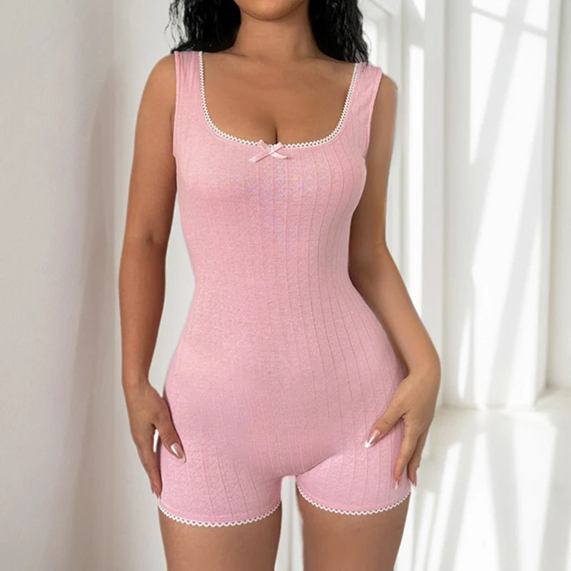 Sweet Pink Skinny One Piece Summer Playsuit Women Bodycon Sleeveless Cute Coquette Lace Trim Bow Rompers Basic Romper