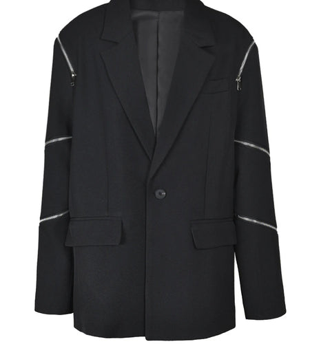 Women Black Zipper Big Size Blazer New Lapel Long Sleeve Loose Fit Jacket Fashion Tide Spring Autumn 2025 1DF105101